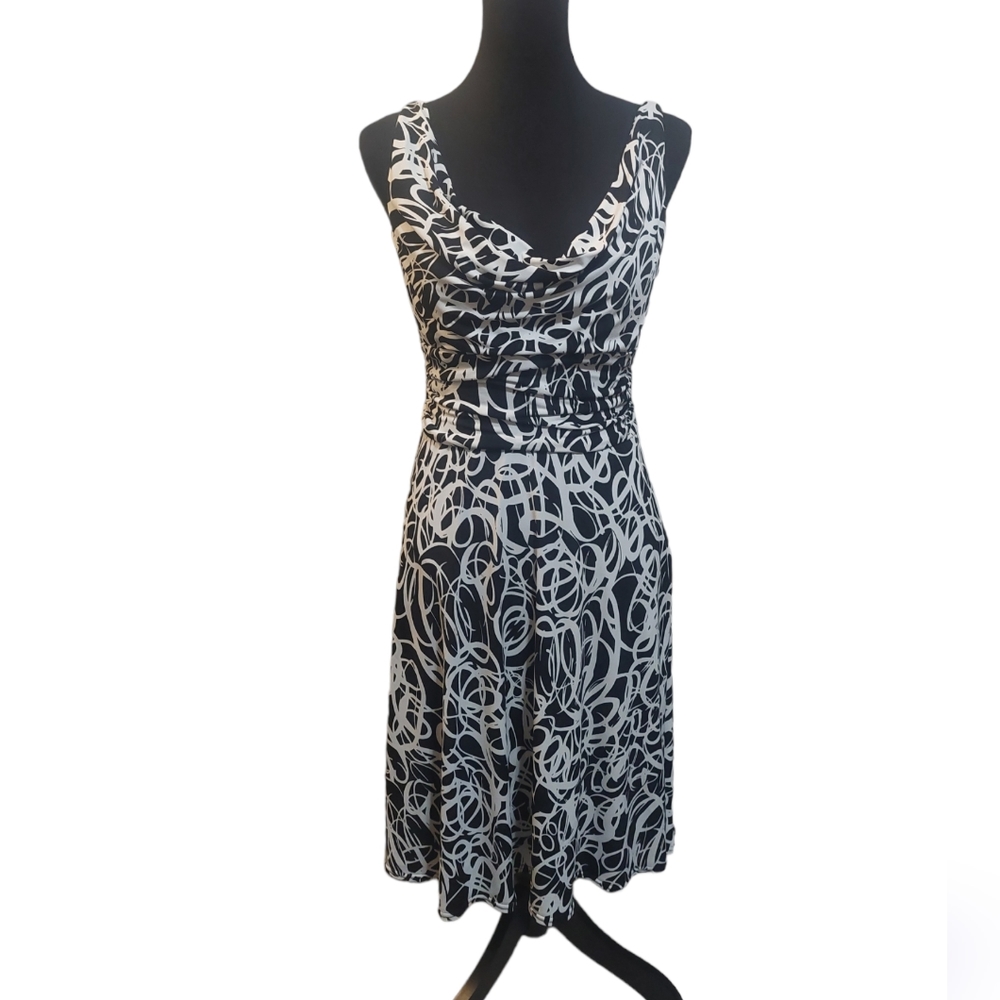 White House Black Market Black and White Printed Cowl Neck Midi Dress